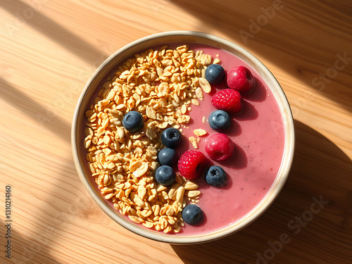 A smoothie bowl topped with granola, nuts, seeds and fresh fruits with soft sunny shadows for a vibrant, freshness and healthiness aesthetic.