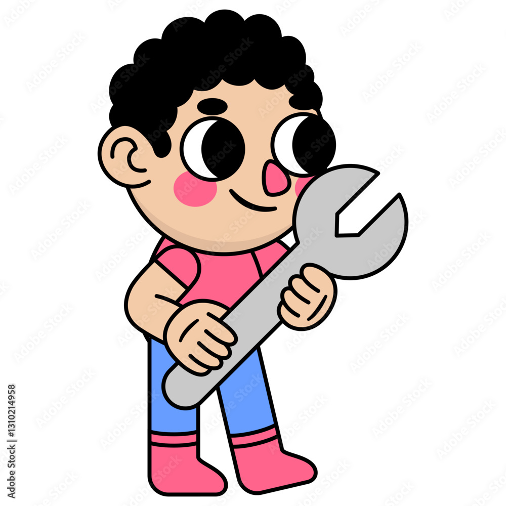 cute kid holding a wrench