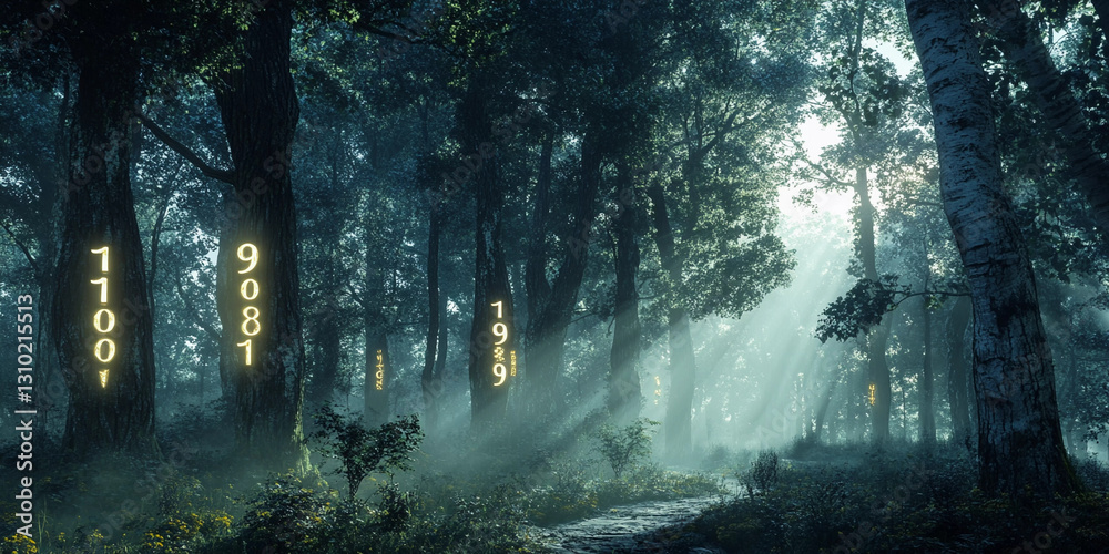 Obraz premium Mystical scenes with esoteric symbols: numerology, astrology, tarot, magic numbers, and cosmic energy. Enchanted forests, celestial signs, and glowing symbols in the darkness