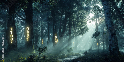Mystical scenes with esoteric symbols: numerology, astrology, tarot, magic numbers, and cosmic energy. Enchanted forests, celestial signs, and glowing symbols in the darkness