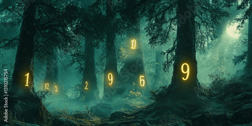 Mystical scenes with esoteric symbols: numerology, astrology, tarot, magic numbers, and cosmic energy. Enchanted forests, celestial signs, and glowing symbols in the darkness