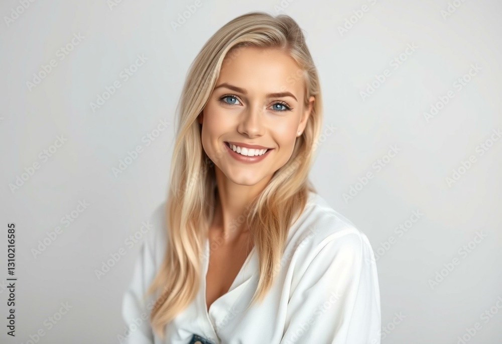 Blond Nordic female portrait with relaxed pose and warm smile Blond Nordic female portrait with relaxed pose and warm smile