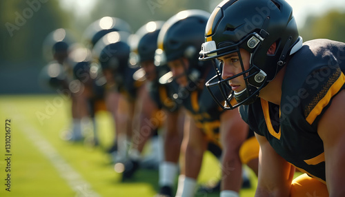 American football players in helmets ready to start on field. Team sport competition, quarterback, physical exercise. Athlete with ball prepares to play, guard people recreation attack. Championship photo