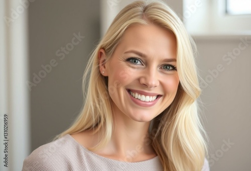 Nordic blond woman with a warm and gentle expression
