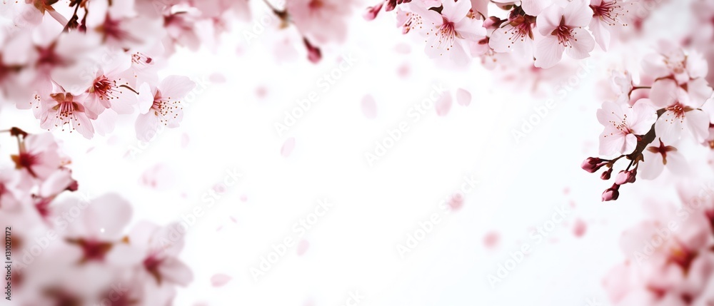 Delicate Cherry Blossoms with Falling Petals on White Background Delicate Cherry Blossoms with Falling Petals on White Background
