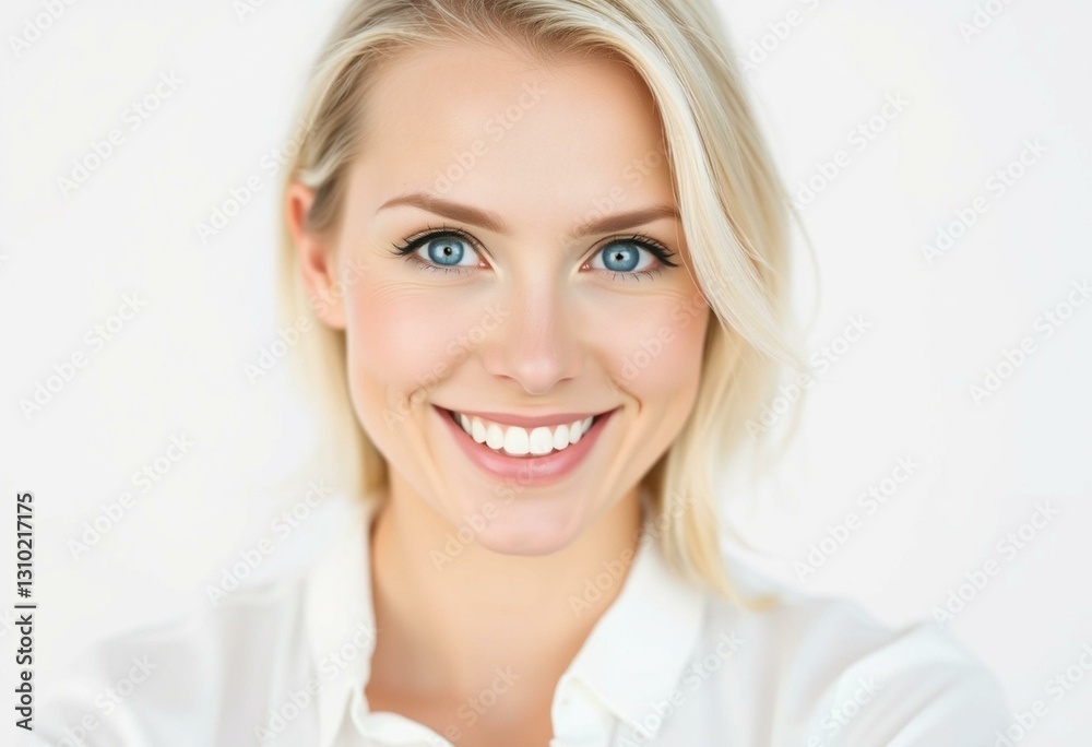 Blond woman with bright blue eyes and soft white blouse