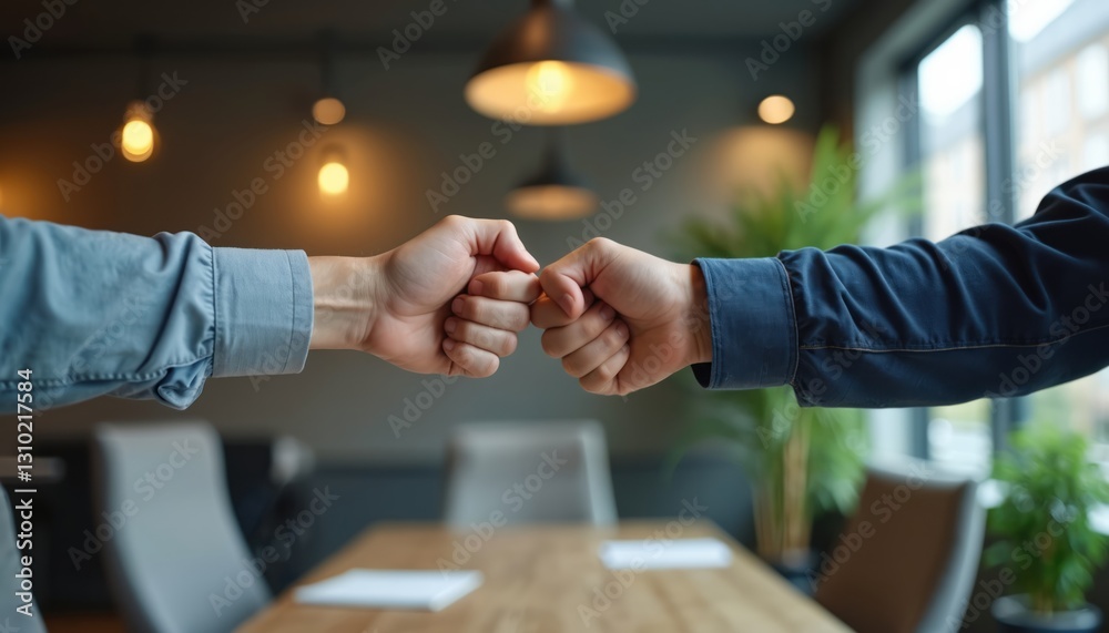 Obraz premium Two unrecognizable people in office setting fist bumping. Concept of agreements in business sphere, partnership, success, teamwork. Corporate meeting with shaking, manager discussing mutual