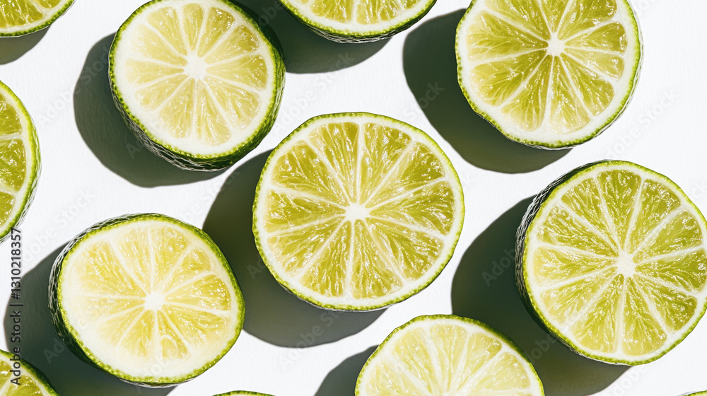 Fresh sliced limes on white background in sunlight Fresh sliced limes on white background in sunlight