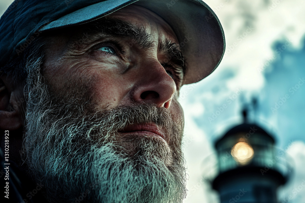Portrait of an Elderly Lighthouse Keeper with a Glowing Lighthouse at Sunset, Generative AI Portrait of an Elderly Lighthouse Keeper with a Glowing Lighthouse at Sunset, Generative AI