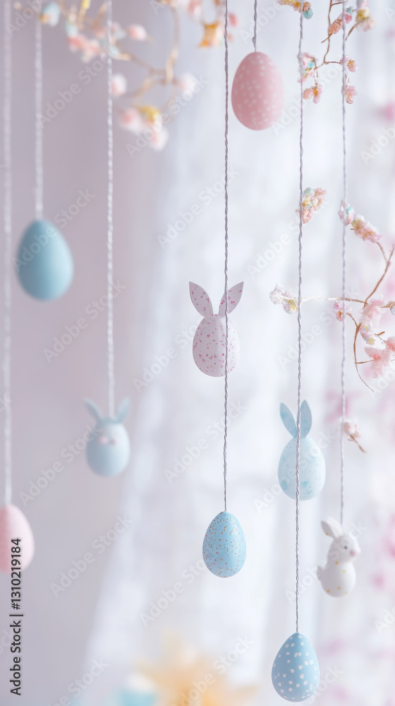 Fototapeta premium Pastel easter garland with hanging eggs and bunnies for festive decoration