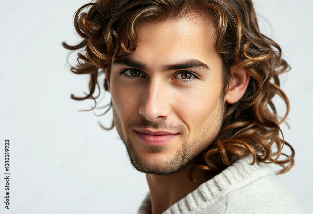 Male portrait with long hair and a subtle smile Male portrait with long hair and a subtle smile