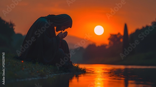 Easter, lonely Jesus Christ praying in the Garden of Gethsemane at the evening sunset, crucifixion of jesus christ