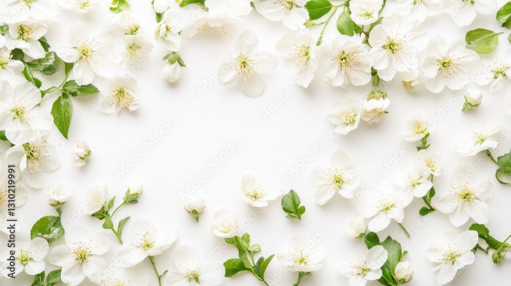 Obraz premium White cherry blossom flowers with green leaves on white background