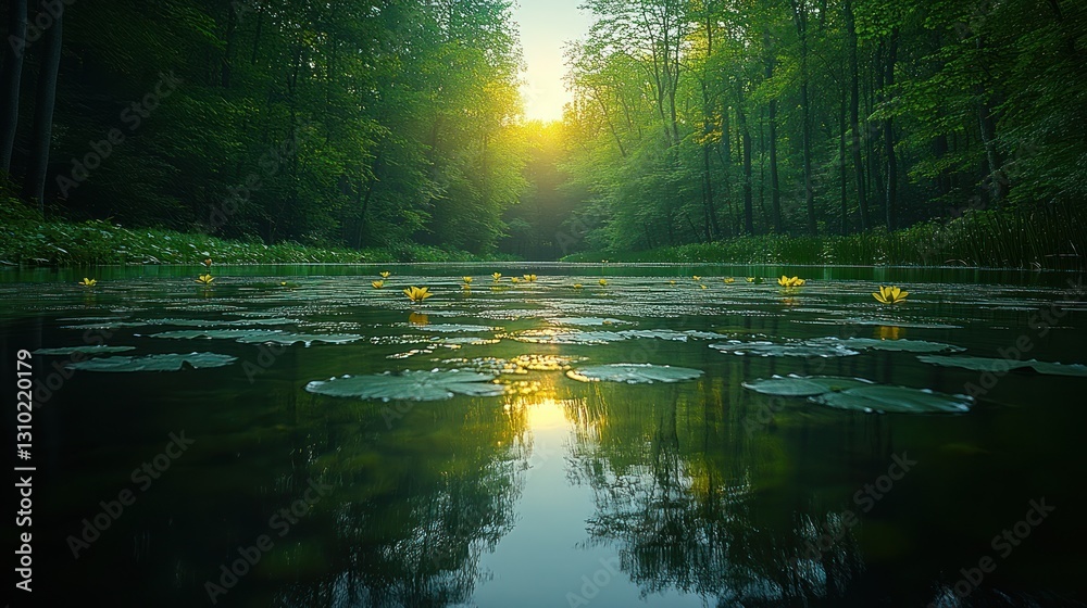 Sunlit Forest Pond, Lily Pads, Dawn Sunlit Forest Pond, Lily Pads, Dawn