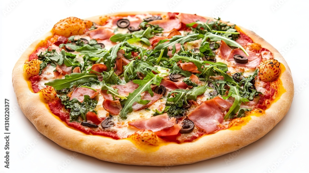 A pizza topped with ham, arugula, and assorted vegetables on a white background. A pizza topped with ham, arugula, and assorted vegetables on a white background.