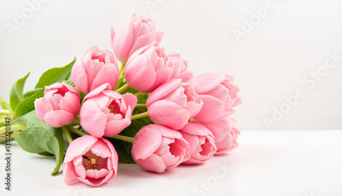 Bouquet of pink tulips arranged elegantly on white background