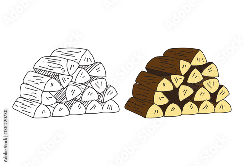 Firewood Stack vectors, A stack of firewood neatly piled up. Chopped wooden logs arranged for a bonfire, depicted in a flat vector illustration. A cartoon-style firewood pile set against a white backg