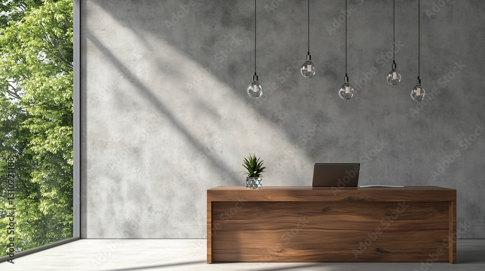 Modern office reception, sunlit wall, green view Modern office reception, sunlit wall, green view