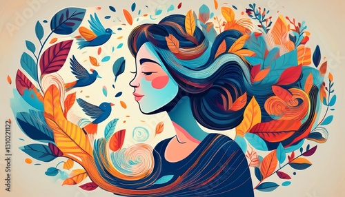 Mental health issues concept. Girl surrounded by swirling abstract elements such as birds and leaves. Flurry of thoughts, emotions, and experiences that can affect mental health.Generated image