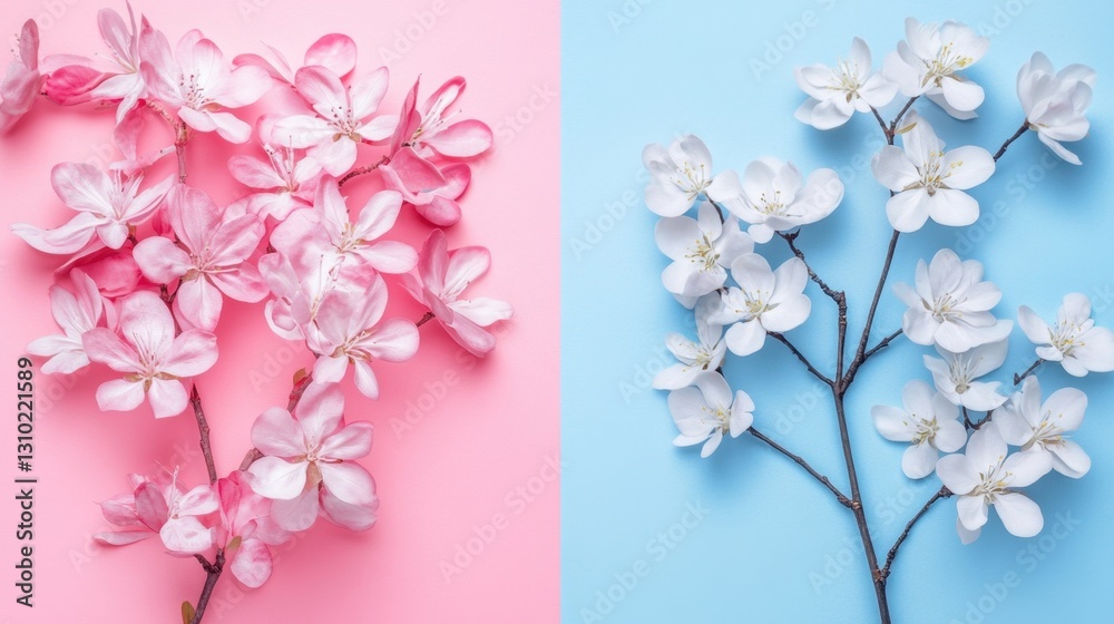 Fototapeta premium Cherry Blossoms and Baby's Breath on Pastel Backgrounds