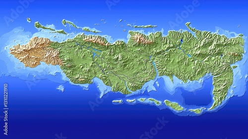 Aerial view of a fictional world map with mountains, rivers, & blue oceans for fantasy book covers