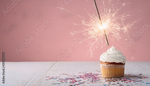 happy birthday celebration cupcake with burning sparkler on a wooden surface with confetti, copy space