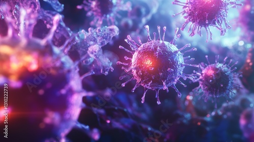 Close-up of vibrant viruses showcasing molecular structures under bright light.