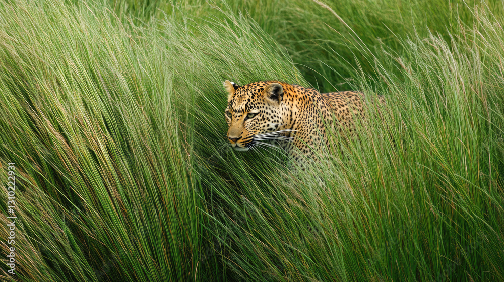 Fototapeta premium Leopard stealthily moving through tall grass in natural habitat