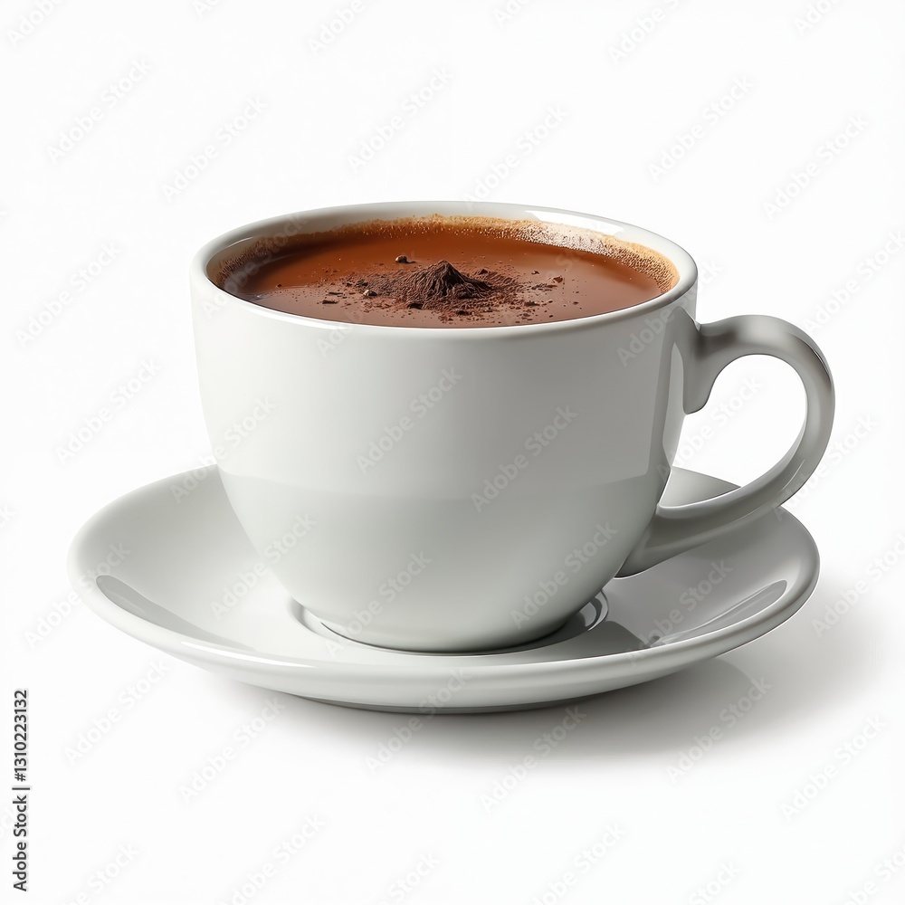 Hot chocolate drink with powder in white cup isolated on transparent background. Delicious mocha served on saucer. Sweet cafe beverage with caffeine for breakfast or dinner. Hot chocolate drink with powder in white cup isolated on transparent background. Delicious mocha served on saucer. Sweet cafe beverage with caffeine for breakfast or dinner.