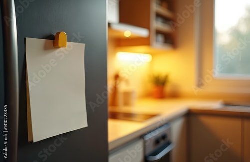 Empty blank sheet with yellow clip attach to refrigerator in kitchen. White paper note mockup, to do list, shopping list with copy space for text, notice or marketing information.