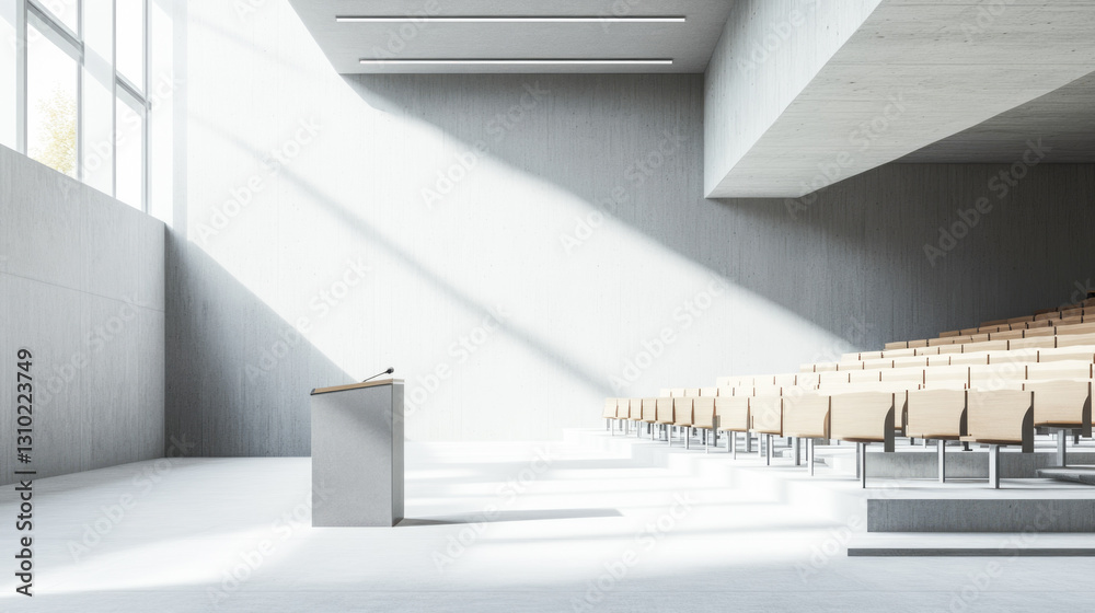 Obraz premium Modern minimalist lecture hall with wooden seating and concrete walls