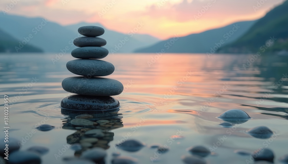 Stack of balanced smooth stones on lake shore against colorful sky, hills. Zen stones in water reflection. Symbol of balance, harmony and meditation. Mindful rock sculpture at sunset. Stack of balanced smooth stones on lake shore against colorful sky, hills. Zen stones in water reflection. Symbol of balance, harmony and meditation. Mindful rock sculpture at sunset.