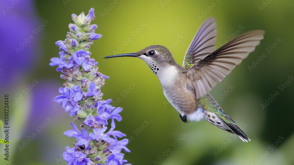 Fototapeta premium Hummingbird feeding on vibrant purple flowers in a lush garden during daylight hours