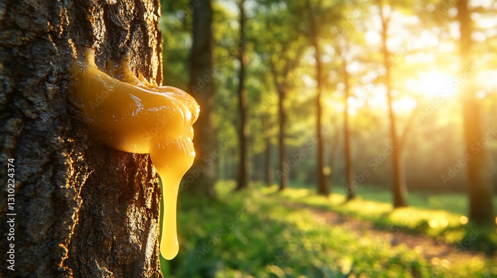 Golden sap dripping tree trunk, forest sunset, nature Golden sap dripping tree trunk, forest sunset, nature