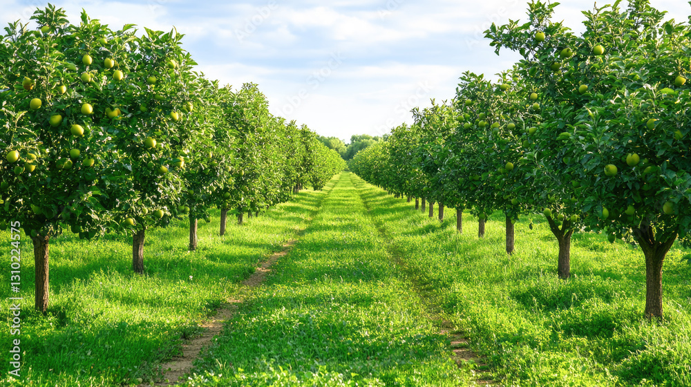 Naklejka premium Lush green citrus orchard with fruit-laden trees in vibrant sunlight