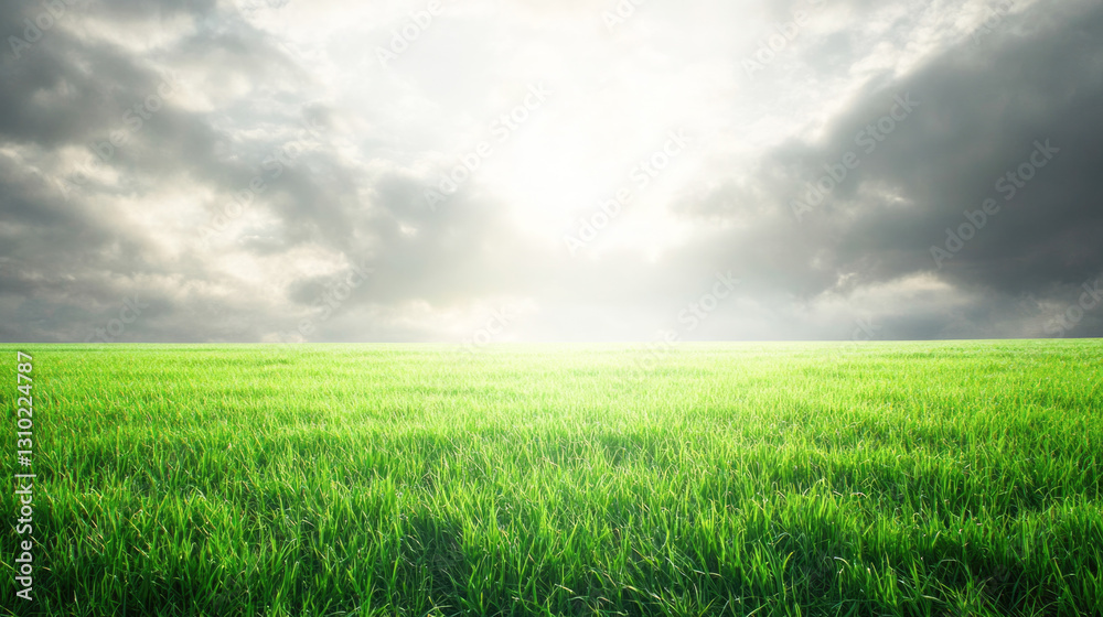 Fototapeta premium Lush green field under cloudy sky with sunlight breaking through