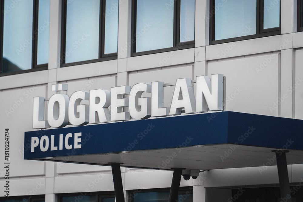 Fototapeta premium Close-up of an Icelandic police station sign with 