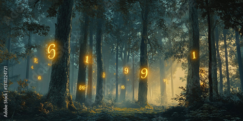 Mystical scenes with esoteric symbols: numerology, astrology, tarot, magic numbers, and cosmic energy. Enchanted forests, celestial signs, and glowing symbols in the darkness