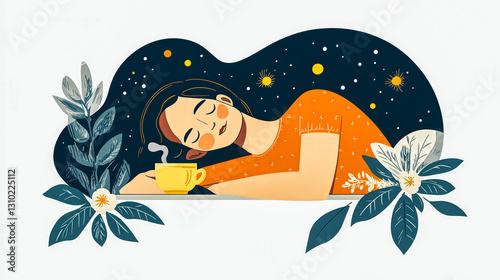 A woman is sleeping with a cup of coffee next to her