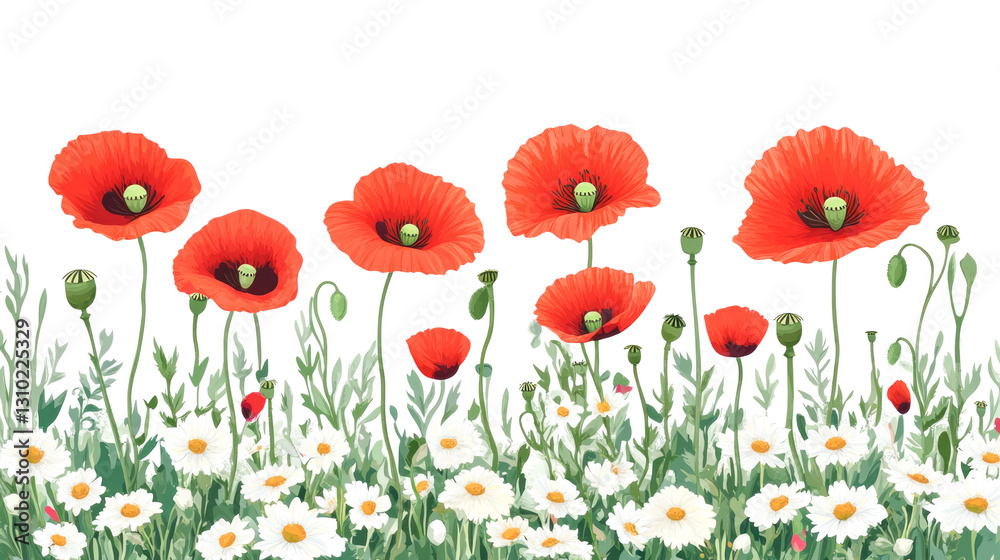 Obraz premium Vibrant red poppies and white daisies in bloom against a clear sky