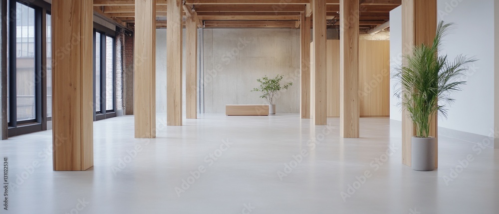 Fototapeta premium Modern wooden building interior, plants, light