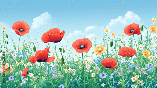 Vibrant poppy field under blue sky with wildflowers and clouds