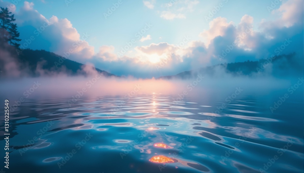 Obraz premium A tranquil lake scene with softly undulating mist and rippling water under morning sunlight.