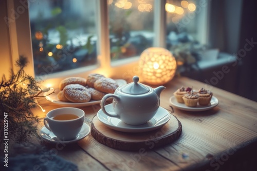 Cozy afternoon tea setting with sweet treats and a warm teapot by the window. Generative AI