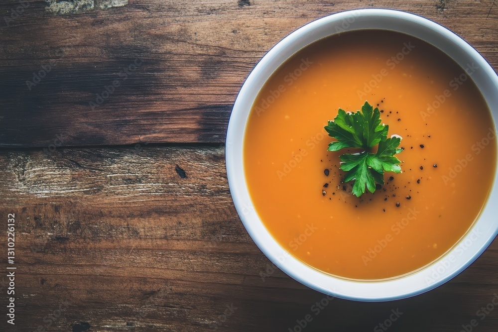 Creamy lentil soup served in a rustic bowl, garnished with fresh parsley, on a charming wooden table setting. Generative AI Creamy lentil soup served in a rustic bowl, garnished with fresh parsley, on a charming wooden table setting. Generative AI