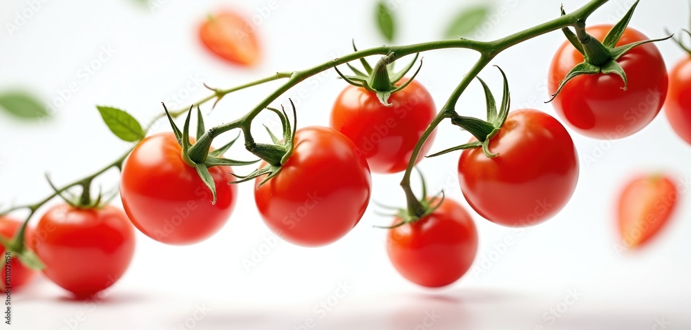 Falling cherry tomatoes on branch isolated on white backdrop. Red cocktail small tomato ingredient, whole product, with green leaves. Flying fresh food, close-up view. Perfect isolated object for Falling cherry tomatoes on branch isolated on white backdrop. Red cocktail small tomato ingredient, whole product, with green leaves. Flying fresh food, close-up view. Perfect isolated object for
