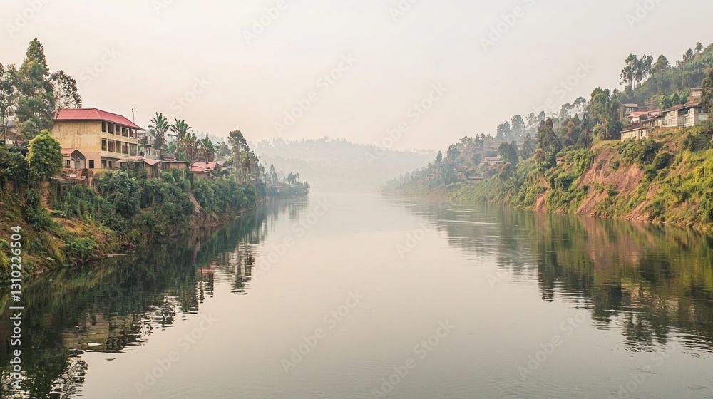 Fototapeta premium Misty River Valley with Houses Reflecting in Calm Water