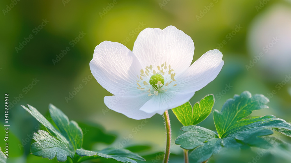 Fototapeta premium White anemone flower blooming in sunlit garden with lush green foliage