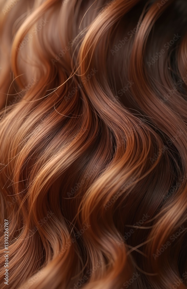 Close-up view wavy hair with shades of brown, red. Demonstrates texture, color variations, tones. Strands styled, healthy with shine, gradient, depth, soft, smooth detail, salon-ready appearance. Close-up view wavy hair with shades of brown, red. Demonstrates texture, color variations, tones. Strands styled, healthy with shine, gradient, depth, soft, smooth detail, salon-ready appearance.