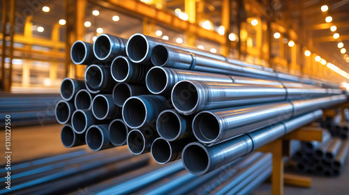 Stack of steel pipes in industrial warehouse with bright lighting